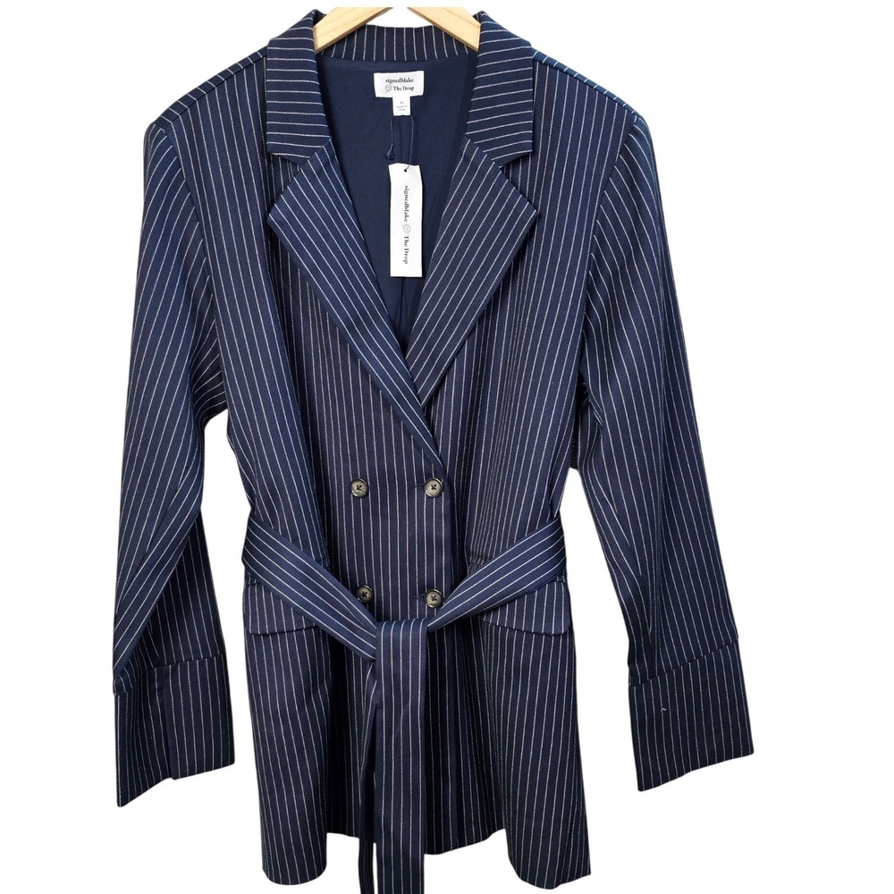 Signed Blake x The Drop Navy Pinstripe‎ Belted Double Breasted Blazer XL NEW